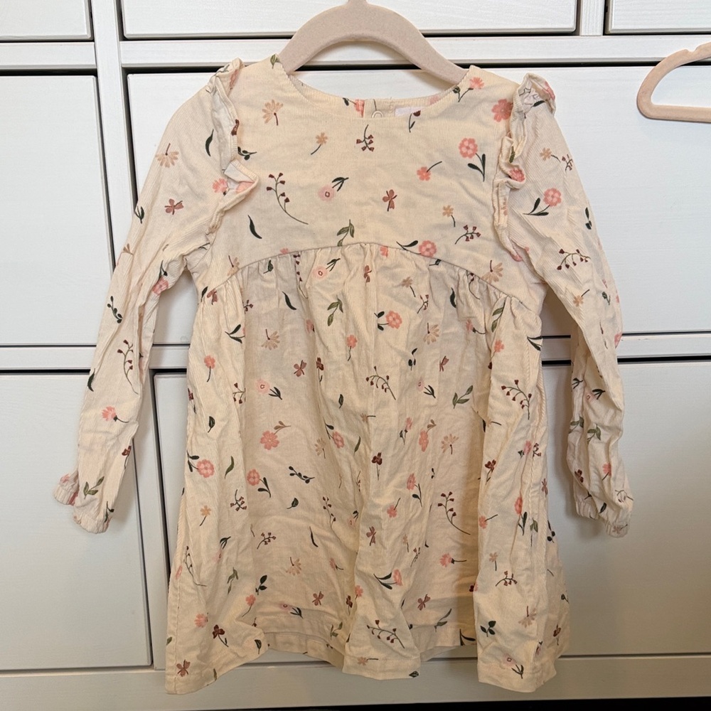 Angel Dear Cream Floral Long-Sleeve Dress with Pink Accents